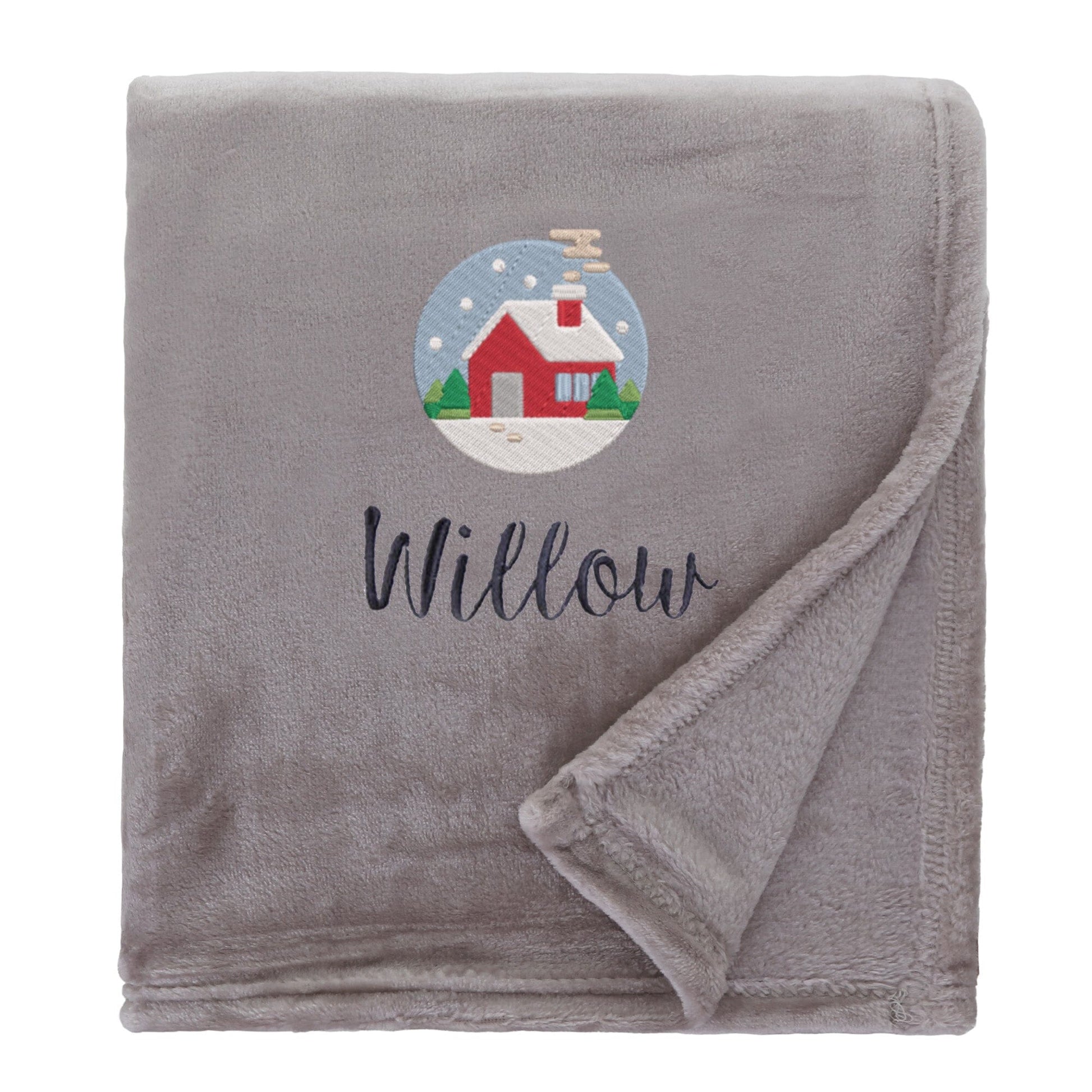 Natural Personalised Cosy Christmas So Soft Blanket With Embroidered Festive Cottage Design On White Backdrop