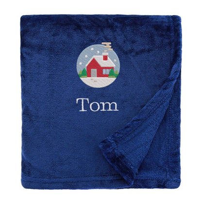 Navy Personalised Cosy Christmas So Soft Blanket With Embroidered Festive Cottage Design On White Backdrop