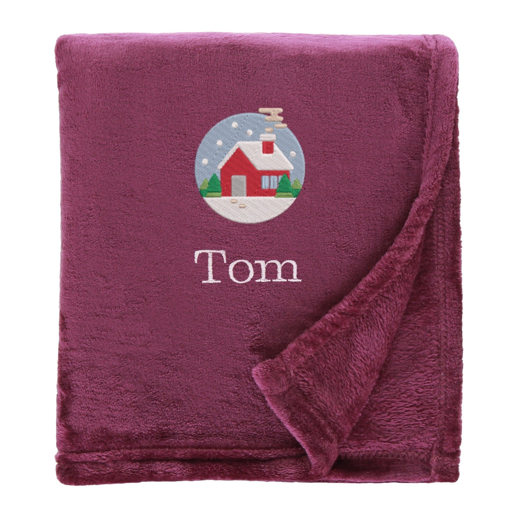 Plum Personalised Cosy Christmas So Soft Blanket With Embroidered Festive Cottage Design On White Backdrop