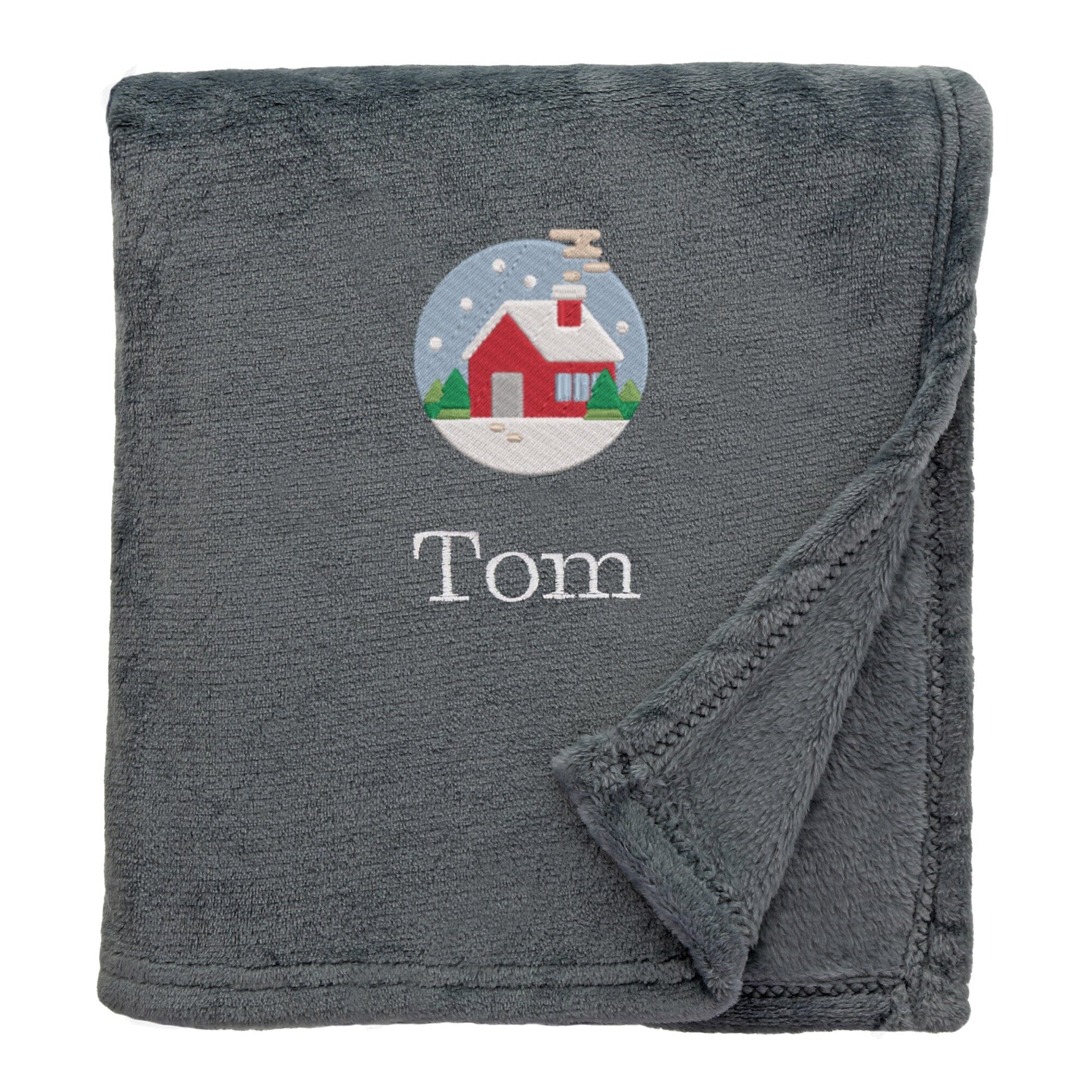 Slate Personalised Cosy Christmas So Soft Blanket With Embroidered Festive Cottage Design On White Backdrop