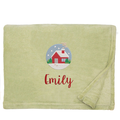 Apple Personalised Cosy Christmas Snuggle Touch Blanket With Embroidered Festive Cottage Design On White Backdrop