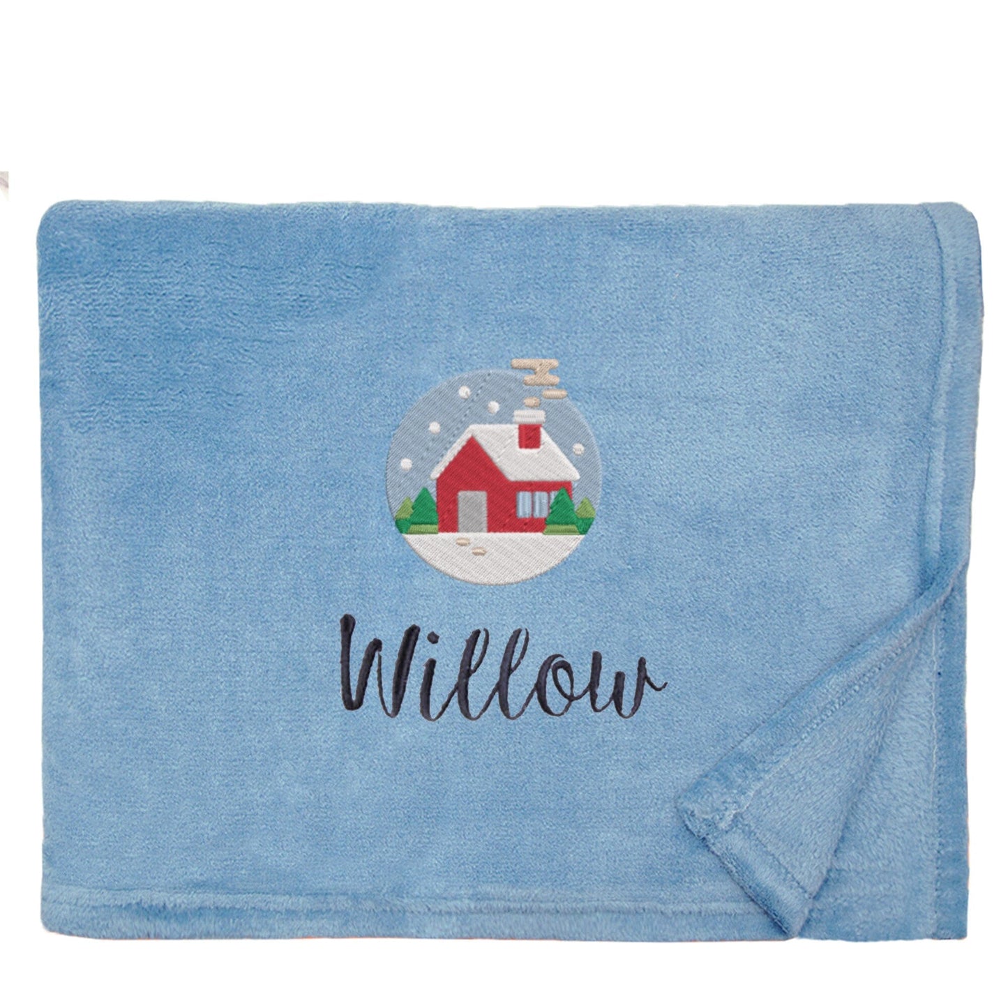 Blue Personalised Cosy Christmas Snuggle Touch Blanket With Embroidered Festive Cottage Design On White Backdrop