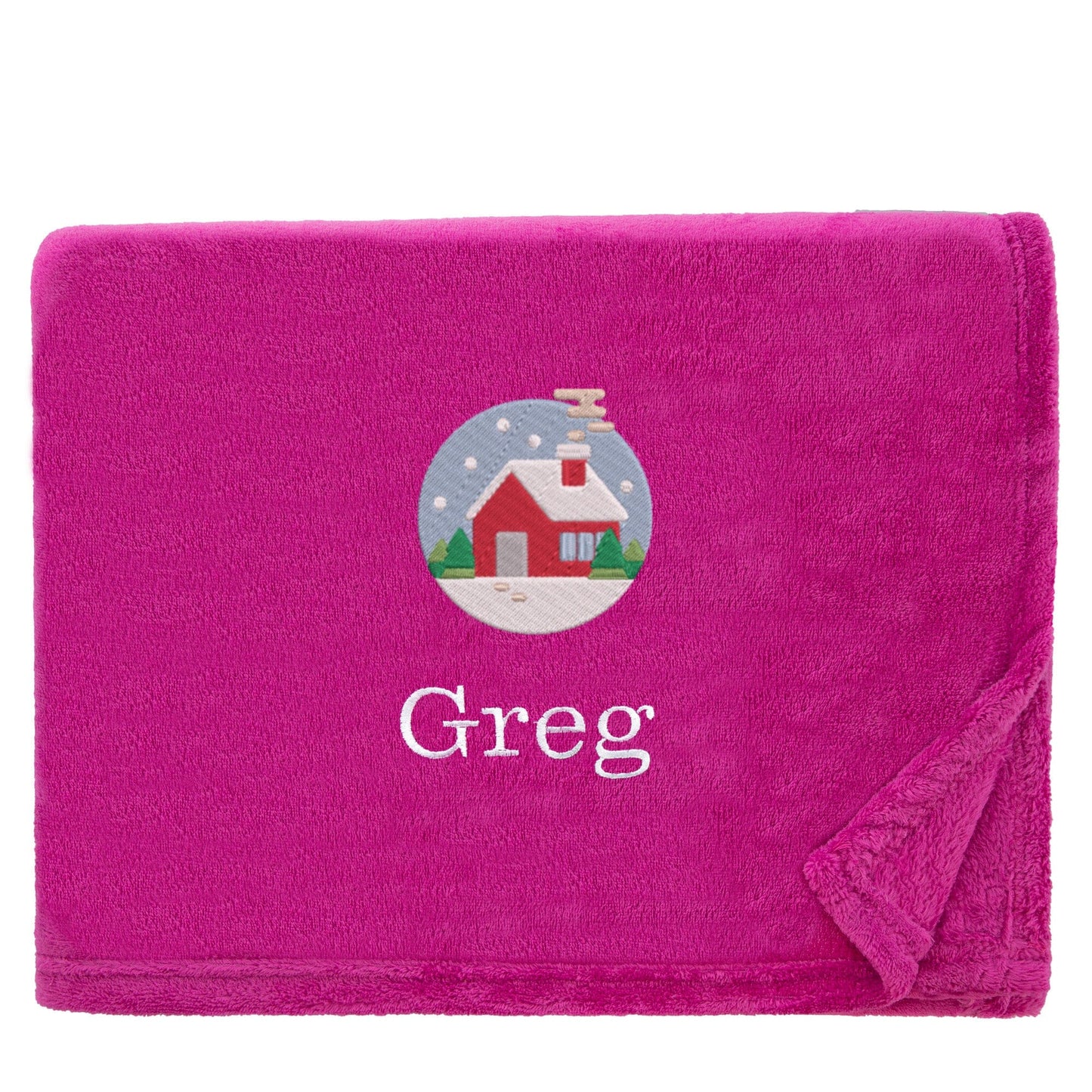 Magenta Personalised Cosy Christmas Snuggle Touch Blanket With Embroidered Festive Cottage Design On White Backdrop