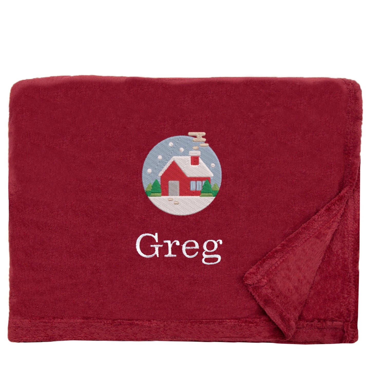 Merlot Personalised Cosy Christmas Snuggle Touch Blanket With Embroidered Festive Cottage Design On White Backdrop