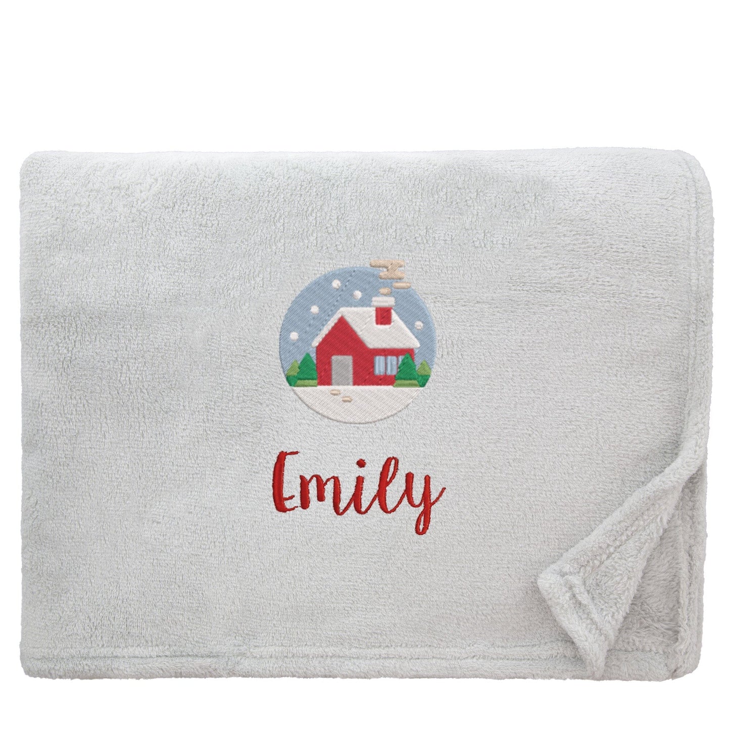 Silver Personalised Cosy Christmas Snuggle Touch Blanket With Embroidered Festive Cottage Design On White Backdrop