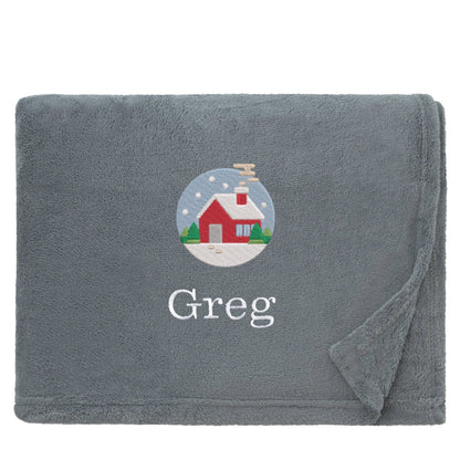 Slate Personalised Cosy Christmas Snuggle Touch Blanket With Embroidered Festive Cottage Design On White Backdrop