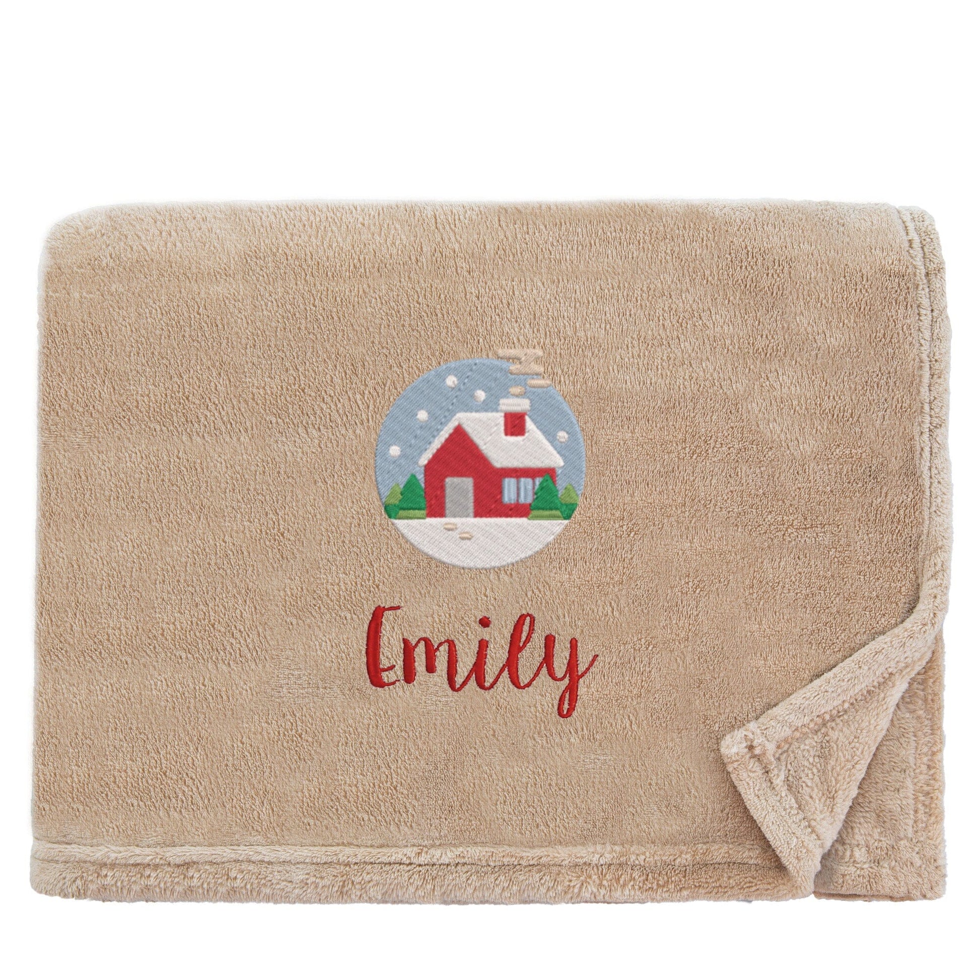 Stone Personalised Cosy Christmas Snuggle Touch Blanket With Embroidered Festive Cottage Design On White Backdrop