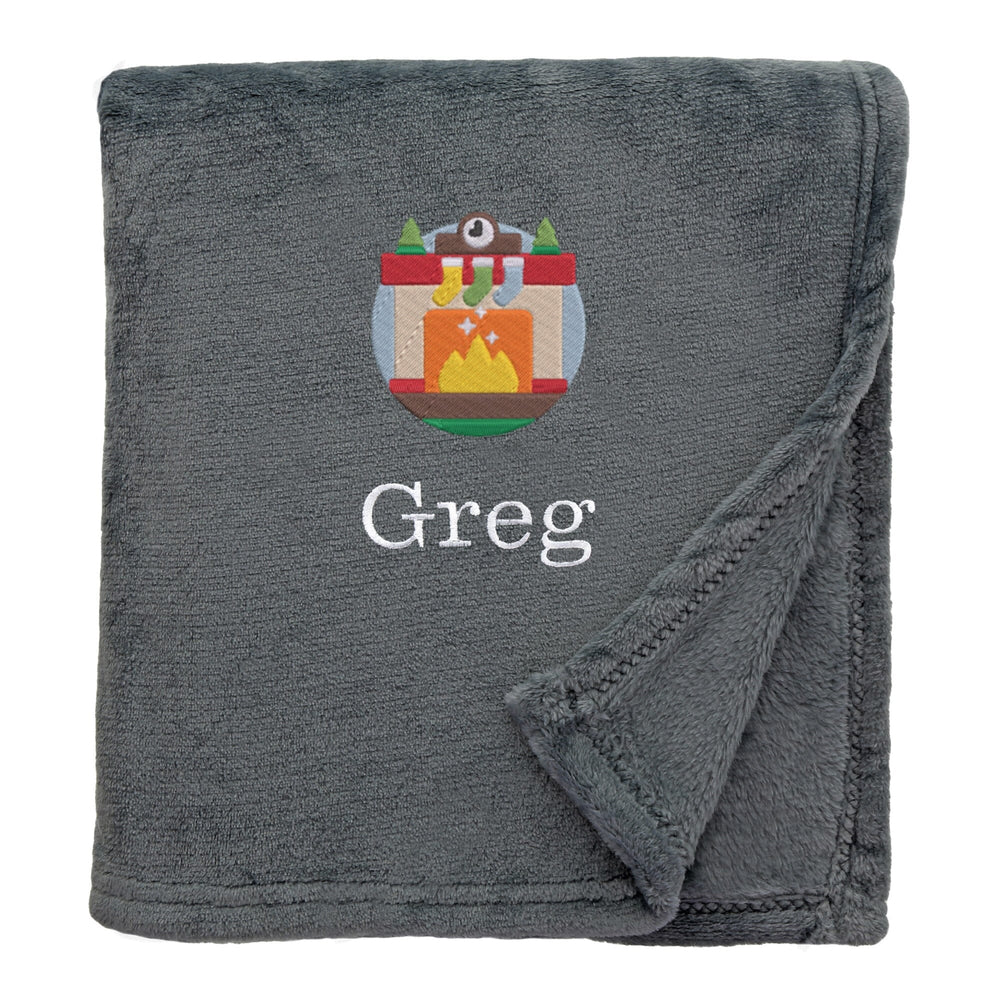 Slate Personalised Cosy Christmas So Soft Blanket With Embroidered Winter Fireplace Design On White Backdrop