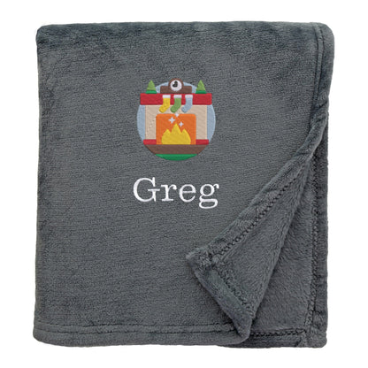 Slate Personalised Cosy Christmas So Soft Blanket With Embroidered Winter Fireplace Design On White Backdrop