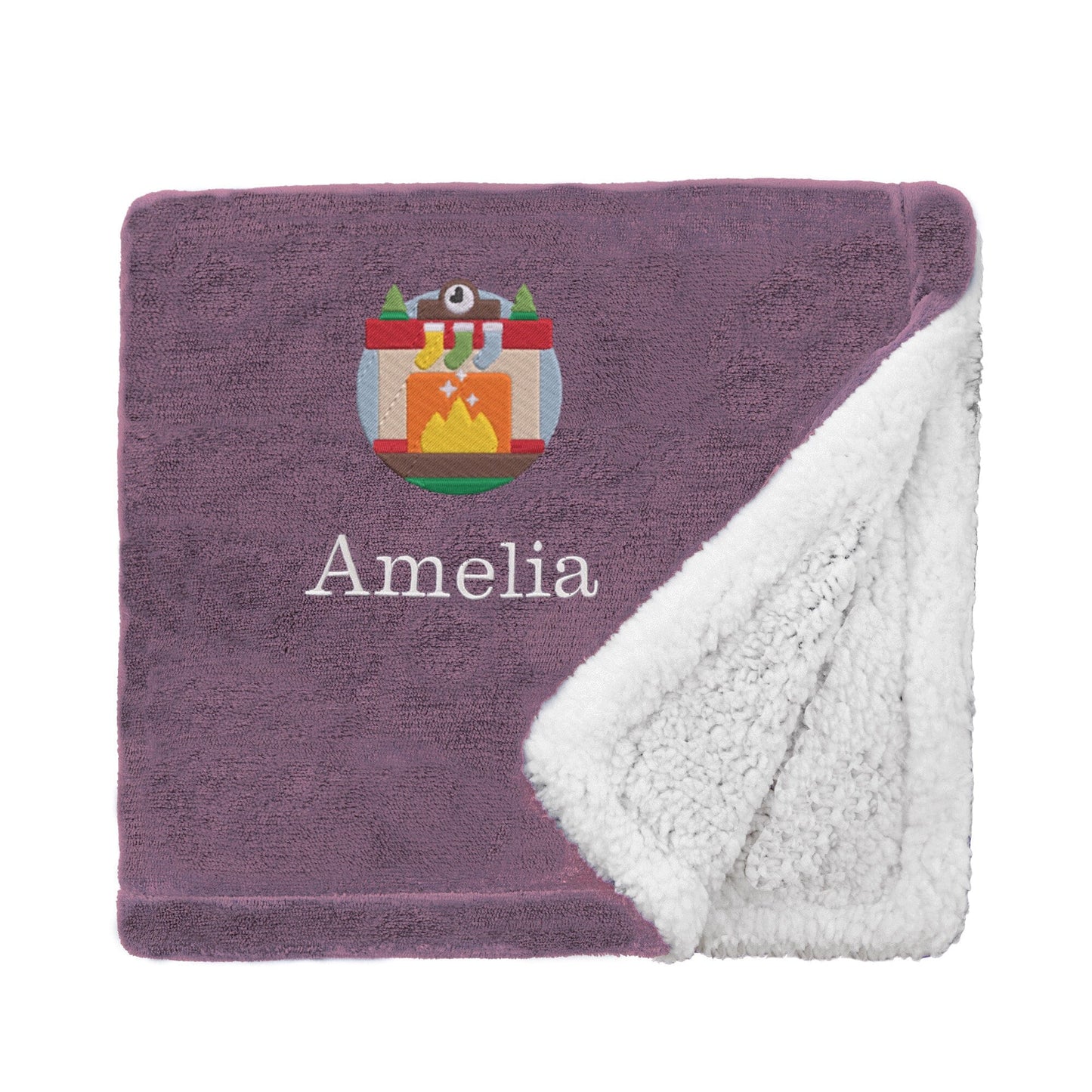 Lavender Personalised Cosy Christmas Mini Sherpa Blanket With Embroidered Winter Fireplace Design On White Backdrop