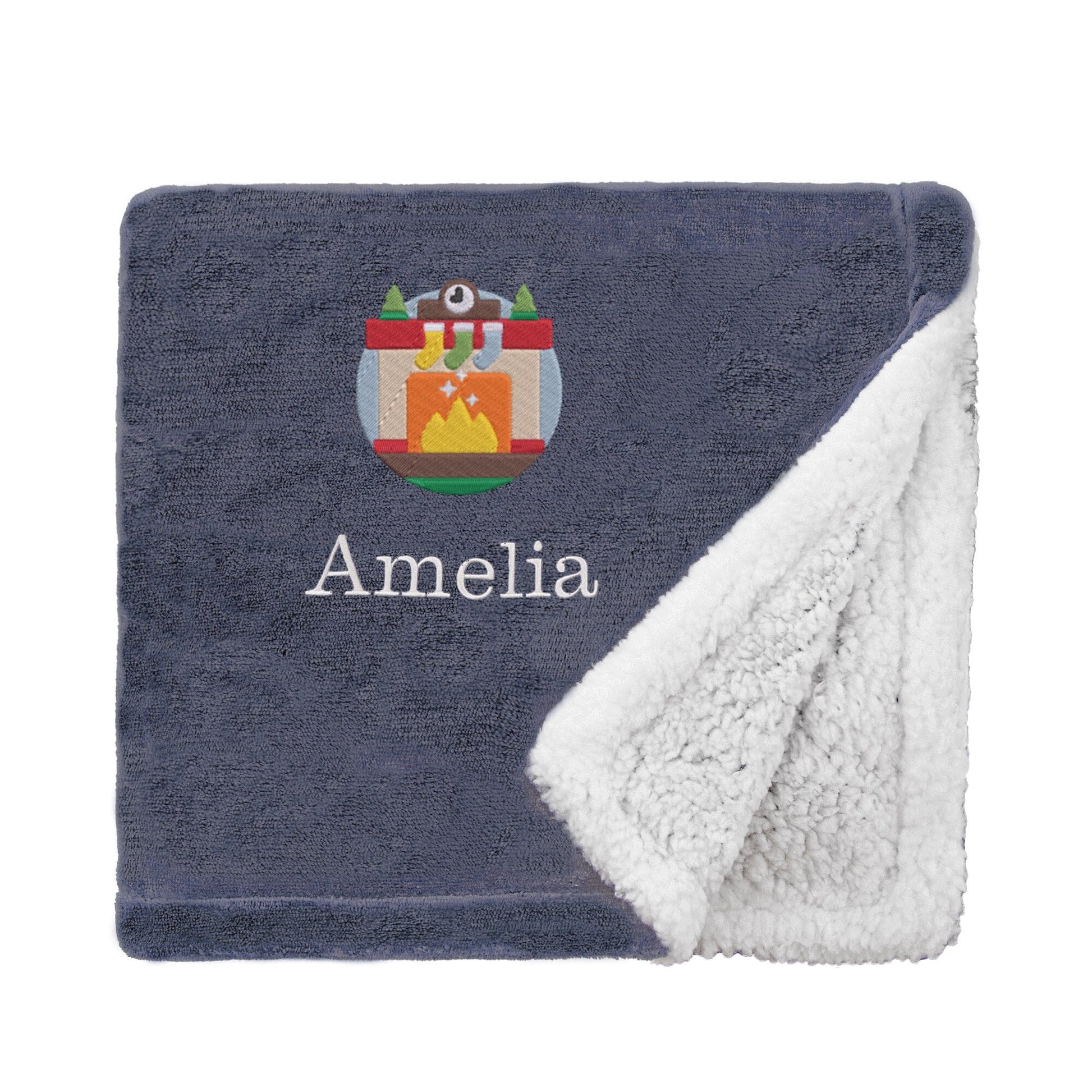 Slate Personalised Cosy Christmas Mini Sherpa Blanket With Embroidered Winter Fireplace Design On White Backdrop