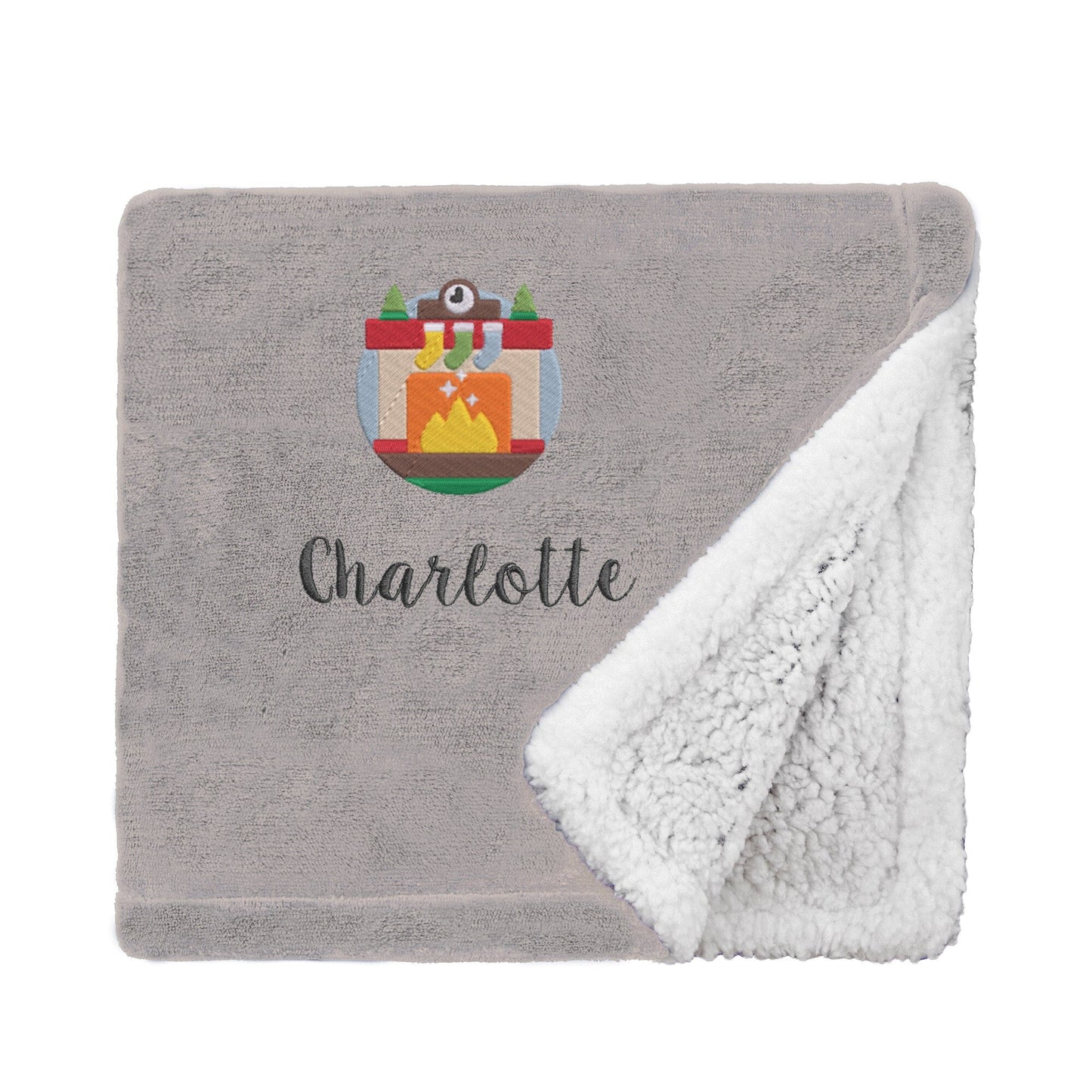 Taupe Personalised Cosy Christmas Mini Sherpa Blanket With Embroidered Winter Fireplace Design On White Backdrop