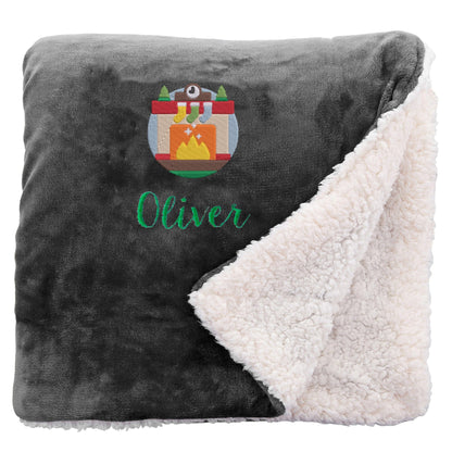 Black Personalised Cosy Christmas Sherpa Blanket With Embroidered Winter Fireplace Design On White Backdrop