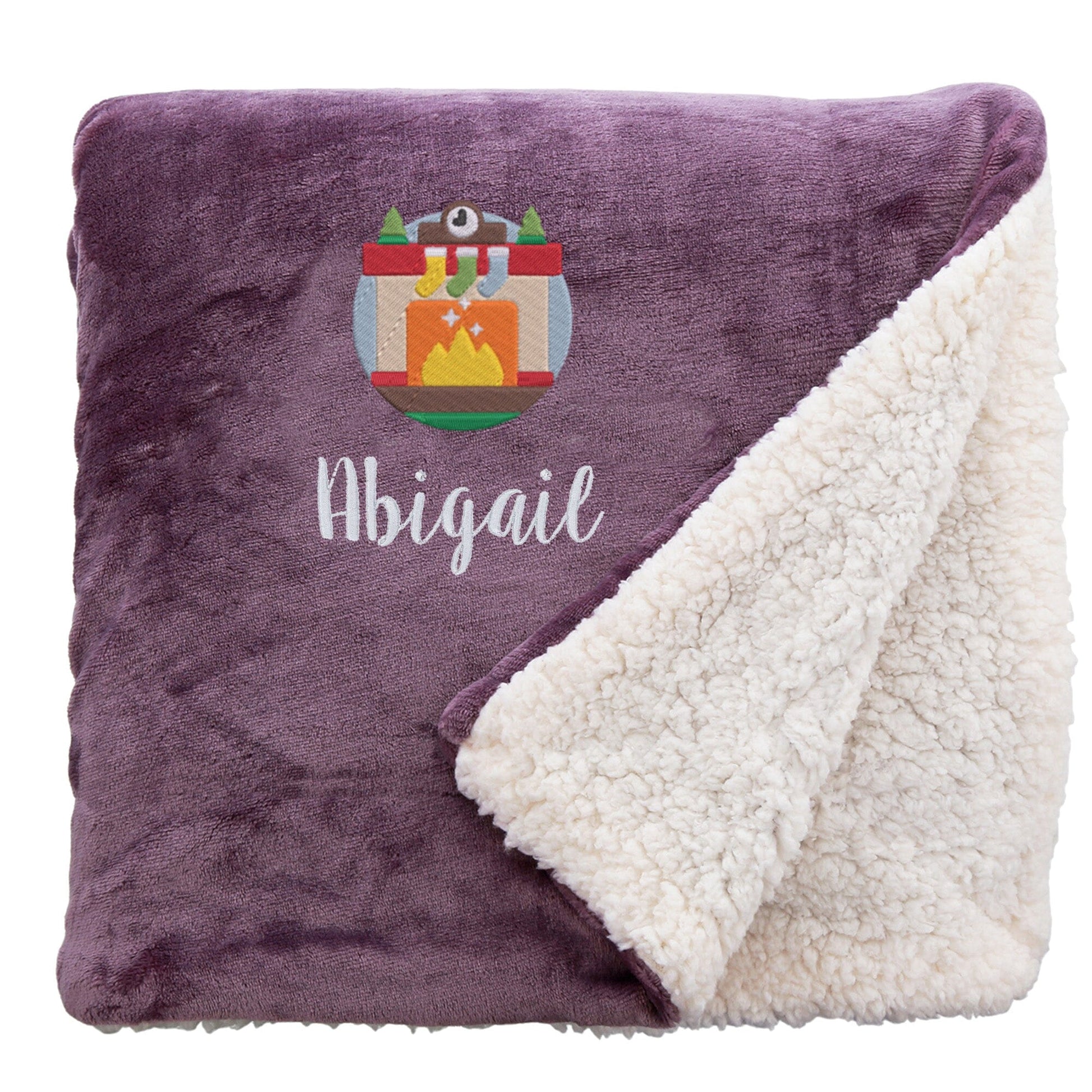 Lavender Personalised Cosy Christmas Sherpa Blanket With Embroidered Winter Fireplace Design On White Backdrop