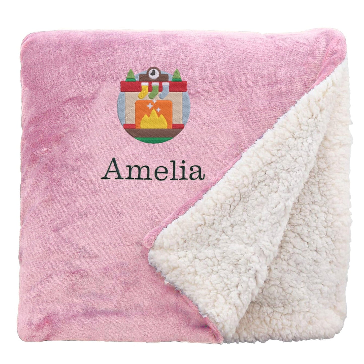 Pink Personalised Cosy Christmas Sherpa Blanket With Embroidered Winter Fireplace Design On White Backdrop