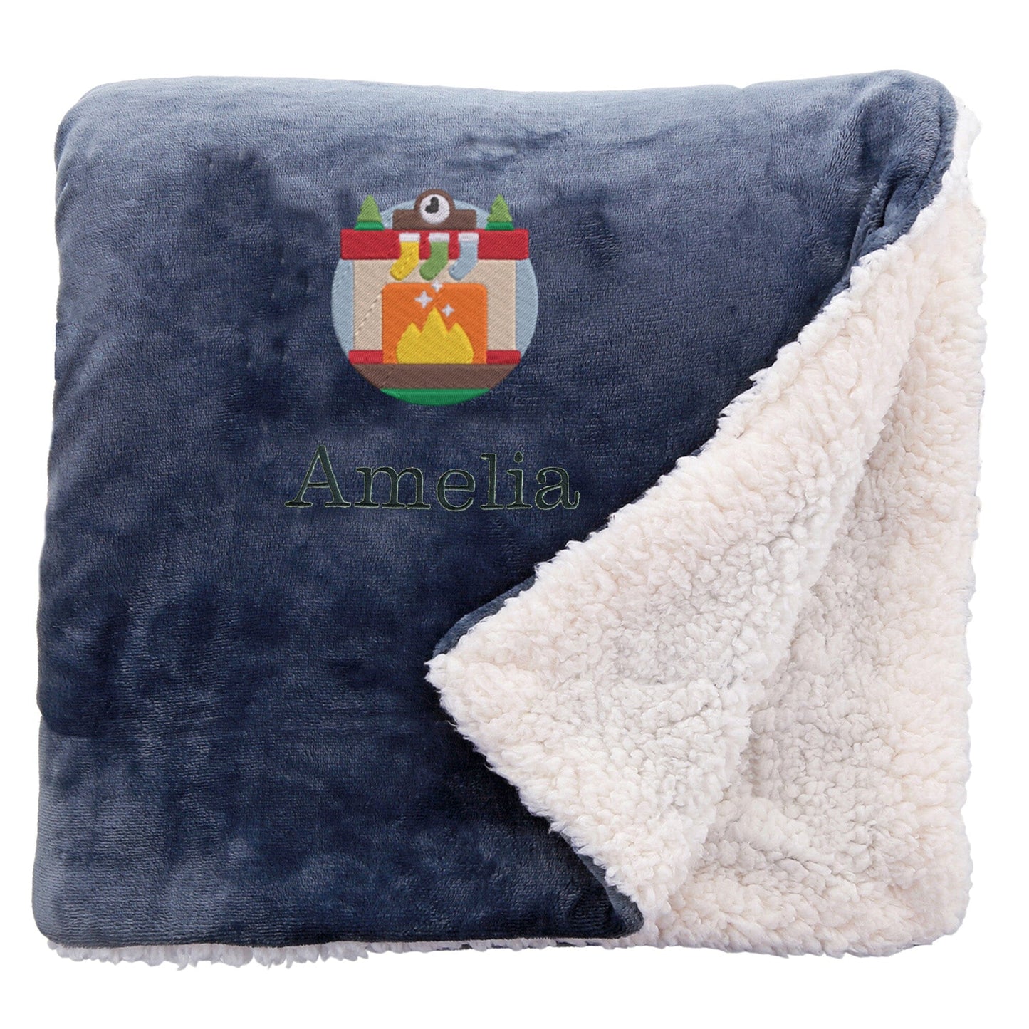 Slate Personalised Cosy Christmas Sherpa Blanket With Embroidered Winter Fireplace Design On White Backdrop