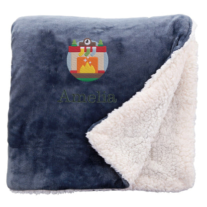 Slate Personalised Cosy Christmas Sherpa Blanket With Embroidered Winter Fireplace Design On White Backdrop