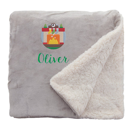 Taupe Personalised Cosy Christmas Sherpa Blanket With Embroidered Winter Fireplace Design On White Backdrop