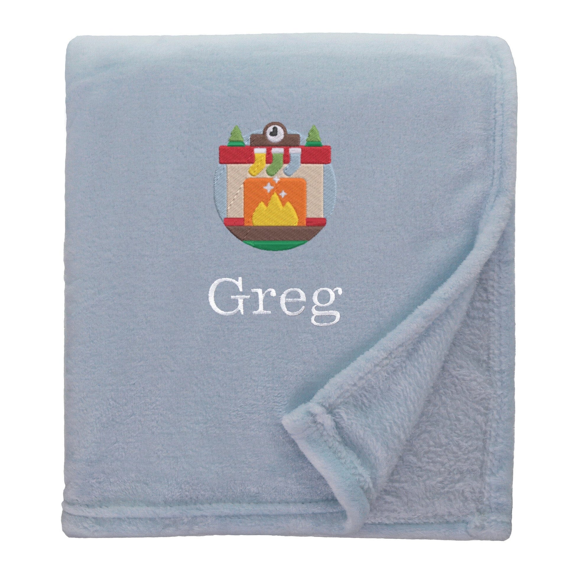 Duck Egg Personalised Cosy Christmas So Soft Blanket With Embroidered Winter Fireplace Design On White Backdrop