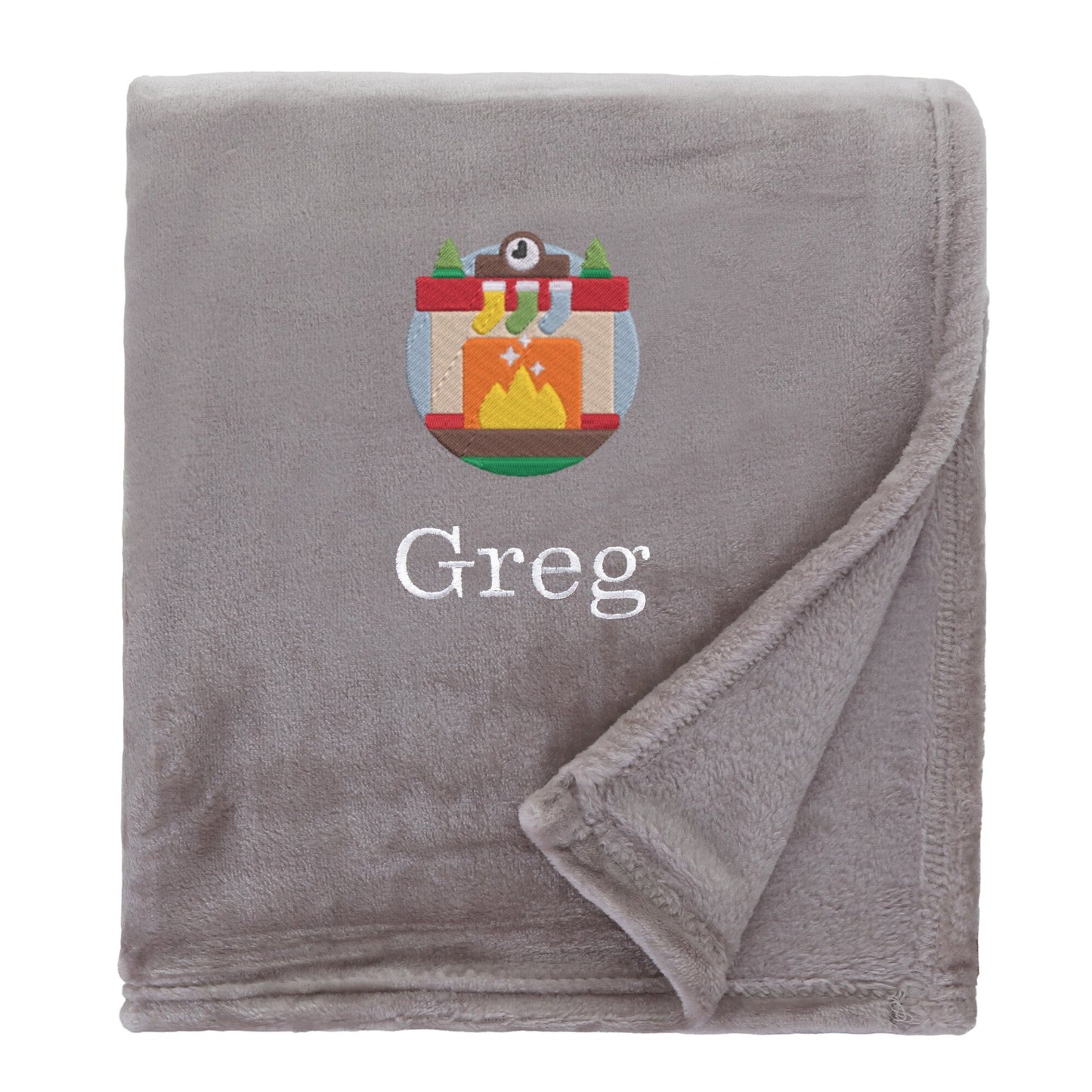 Natural Personalised Cosy Christmas So Soft Blanket With Embroidered Winter Fireplace Design On White Backdrop