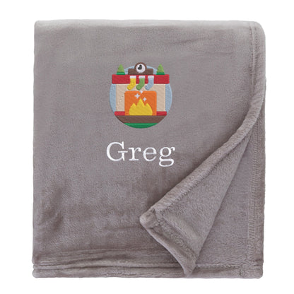 Natural Personalised Cosy Christmas So Soft Blanket With Embroidered Winter Fireplace Design On White Backdrop