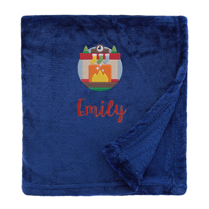 Navy Personalised Cosy Christmas So Soft Blanket With Embroidered Winter Fireplace Design On White Backdrop