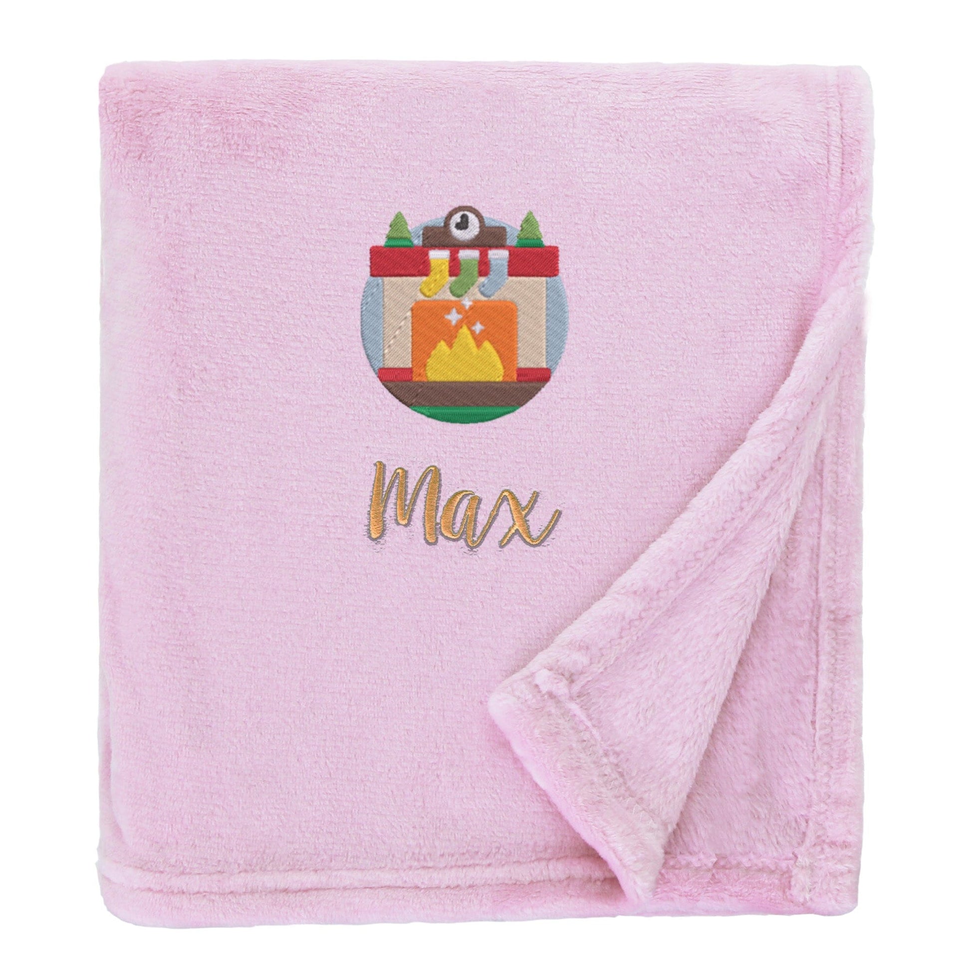 Pink Personalised Cosy Christmas So Soft Blanket With Embroidered Winter Fireplace Design On White Backdrop