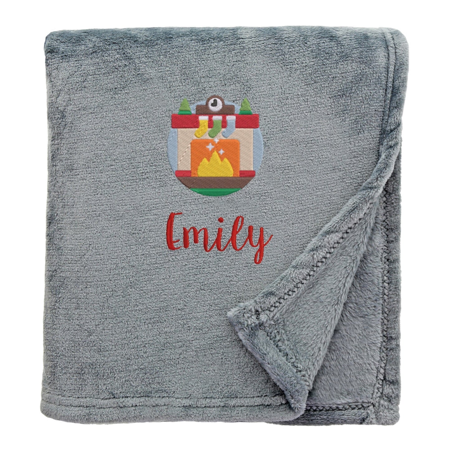 Slate Personalised Cosy Christmas So Soft Blanket With Embroidered Winter Fireplace Design On White Backdrop