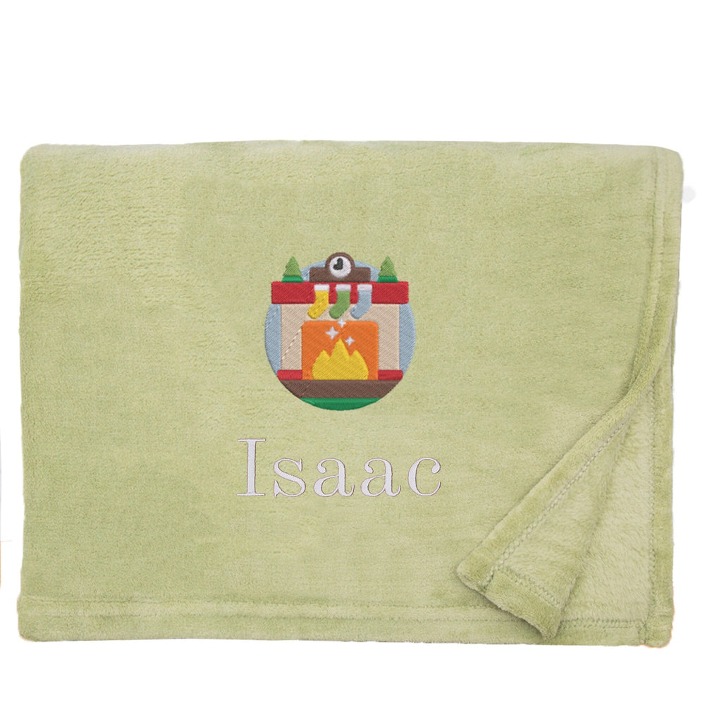 Apple Personalised Cosy Christmas Snuggle Touch Blanket With Embroidered Winter Fireplace Design On White Backdrop 