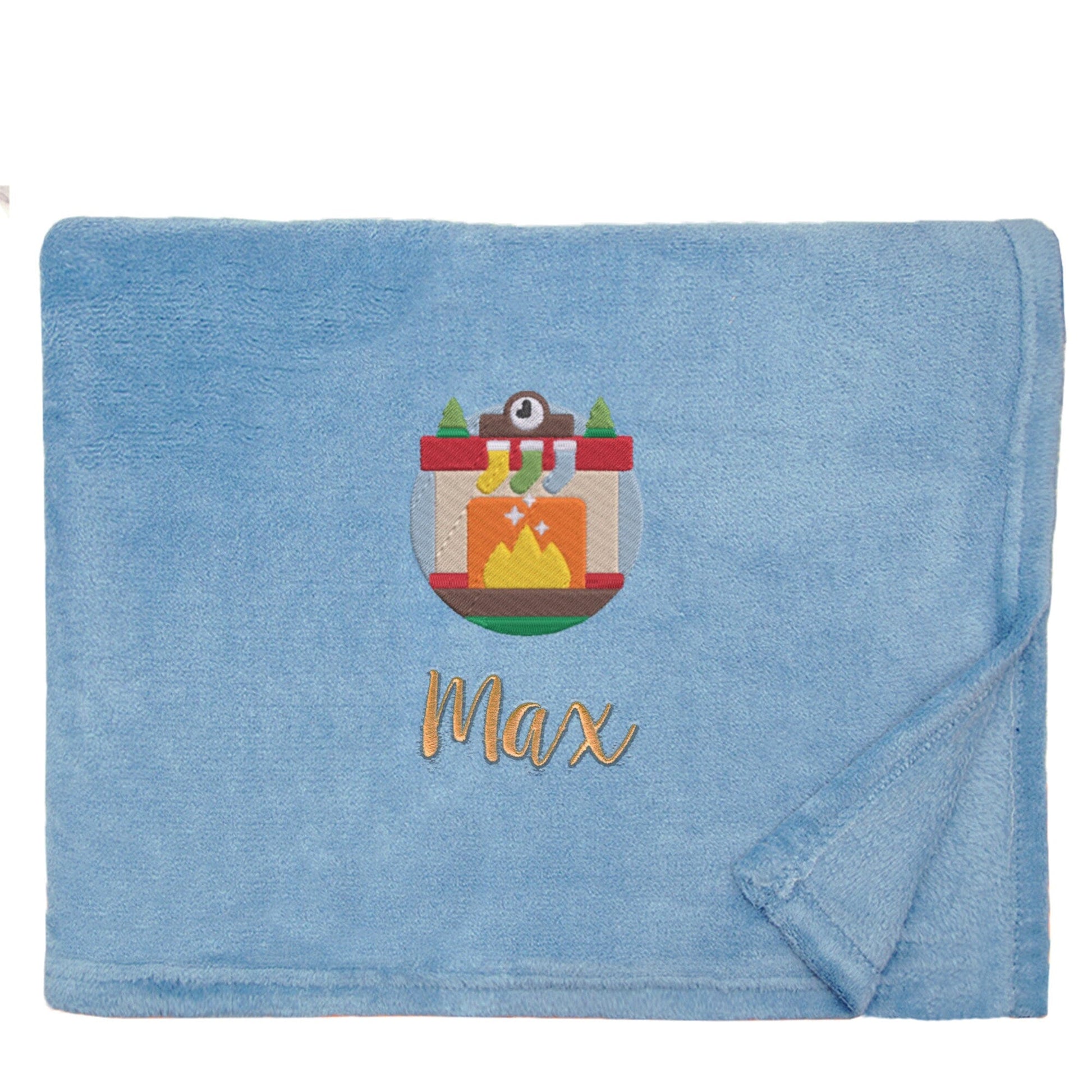 Blue Personalised Cosy Christmas Snuggle Touch Blanket With Embroidered Winter Fireplace Design On White Backdrop 