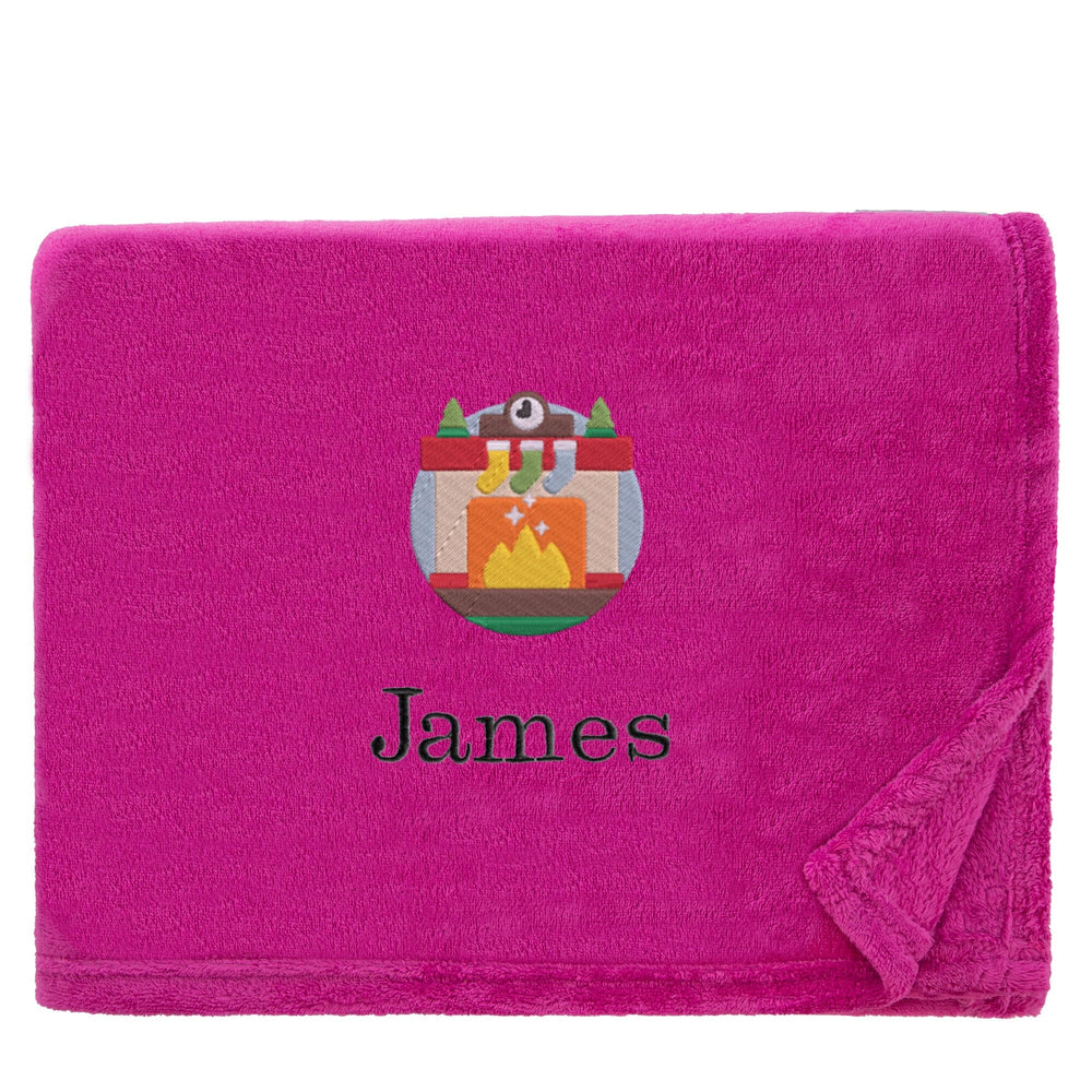 Magenta Personalised Cosy Christmas Snuggle Touch Blanket With Embroidered Winter Fireplace Design On White Backdrop 