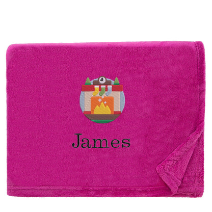 Magenta Personalised Cosy Christmas Snuggle Touch Blanket With Embroidered Winter Fireplace Design On White Backdrop 