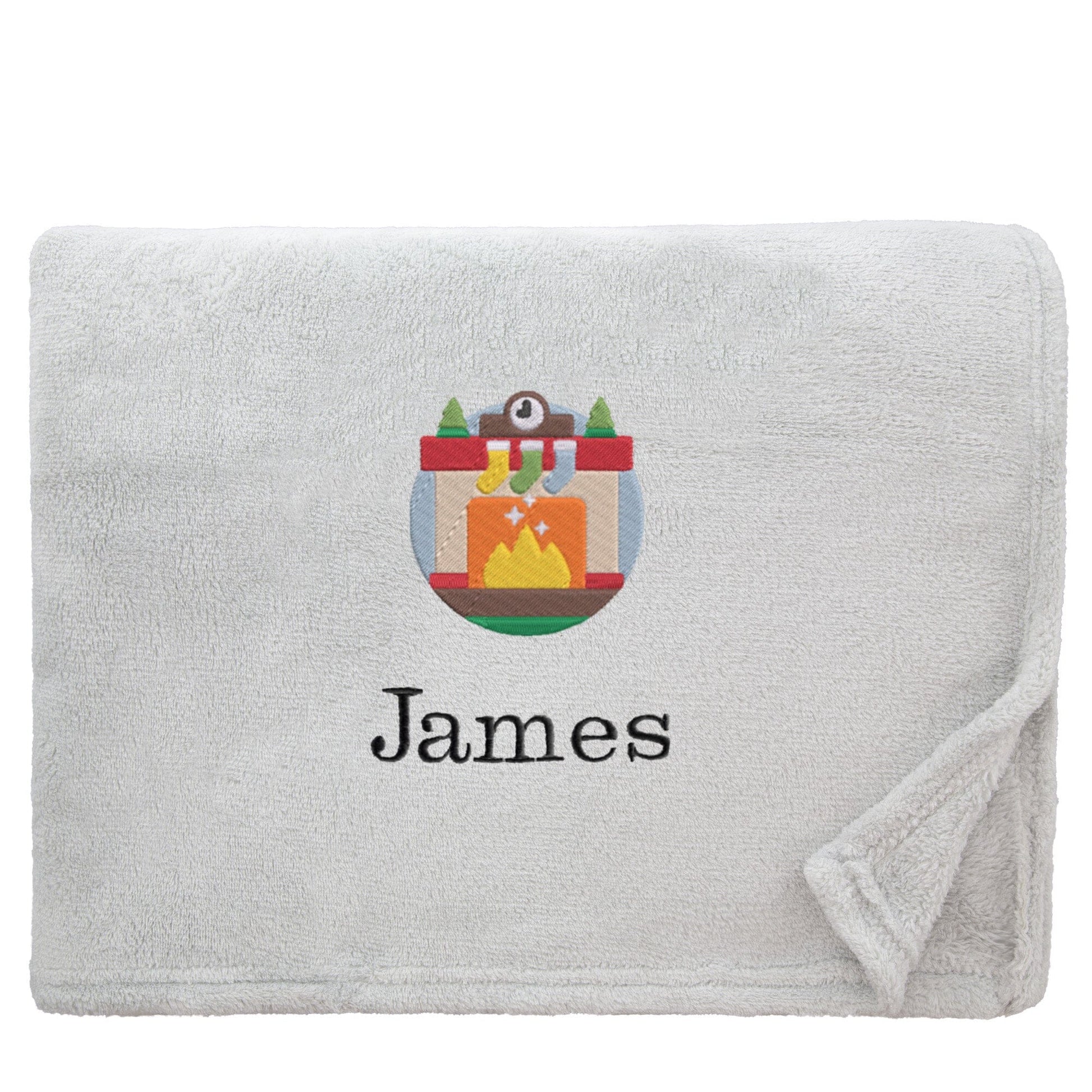 Silver Personalised Cosy Christmas Snuggle Touch Blanket With Embroidered Winter Fireplace Design On White Backdrop 