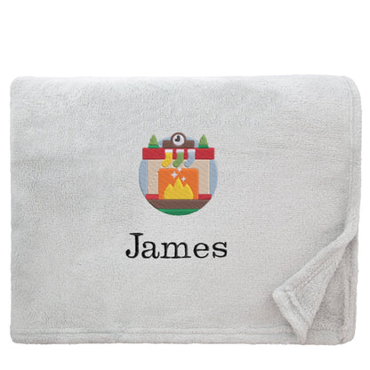 Silver Personalised Cosy Christmas Snuggle Touch Blanket With Embroidered Winter Fireplace Design On White Backdrop 