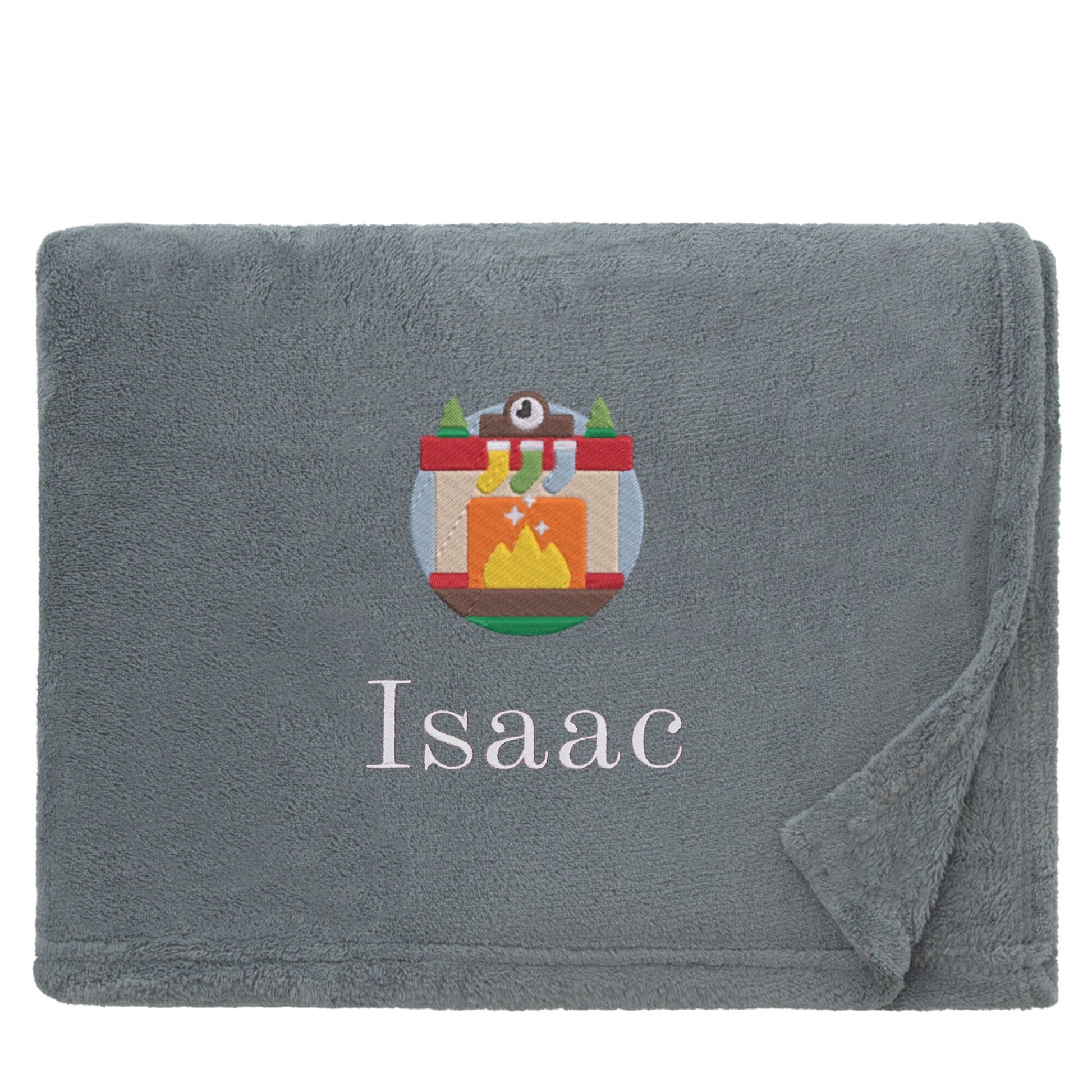 Slate Personalised Cosy Christmas Snuggle Touch Blanket With Embroidered Winter Fireplace Design On White Backdrop 