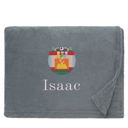 Slate Personalised Cosy Christmas Snuggle Touch Blanket With Embroidered Winter Fireplace Design On White Backdrop 