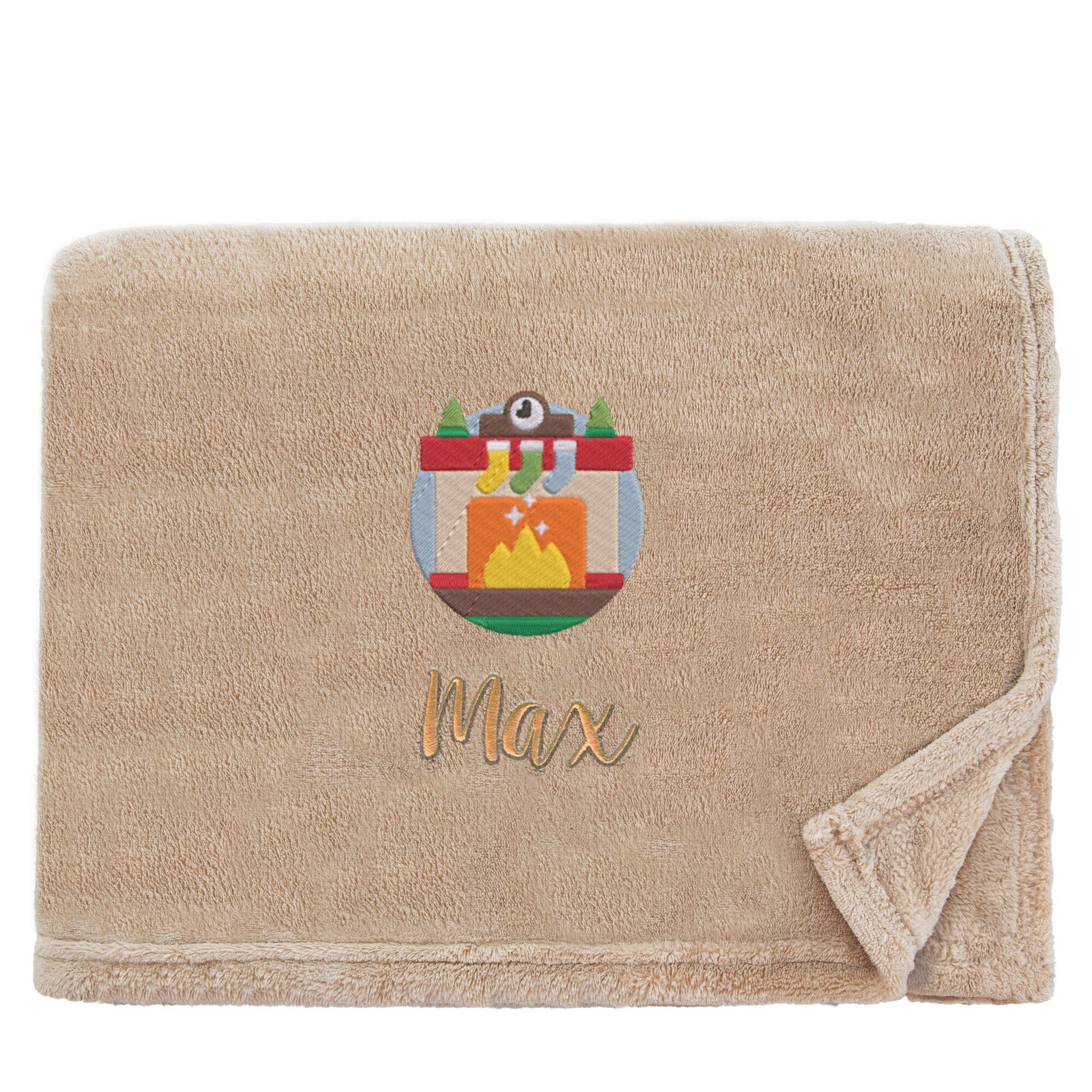 Stone Personalised Cosy Christmas Snuggle Touch Blanket With Embroidered Winter Fireplace Design On White Backdrop 