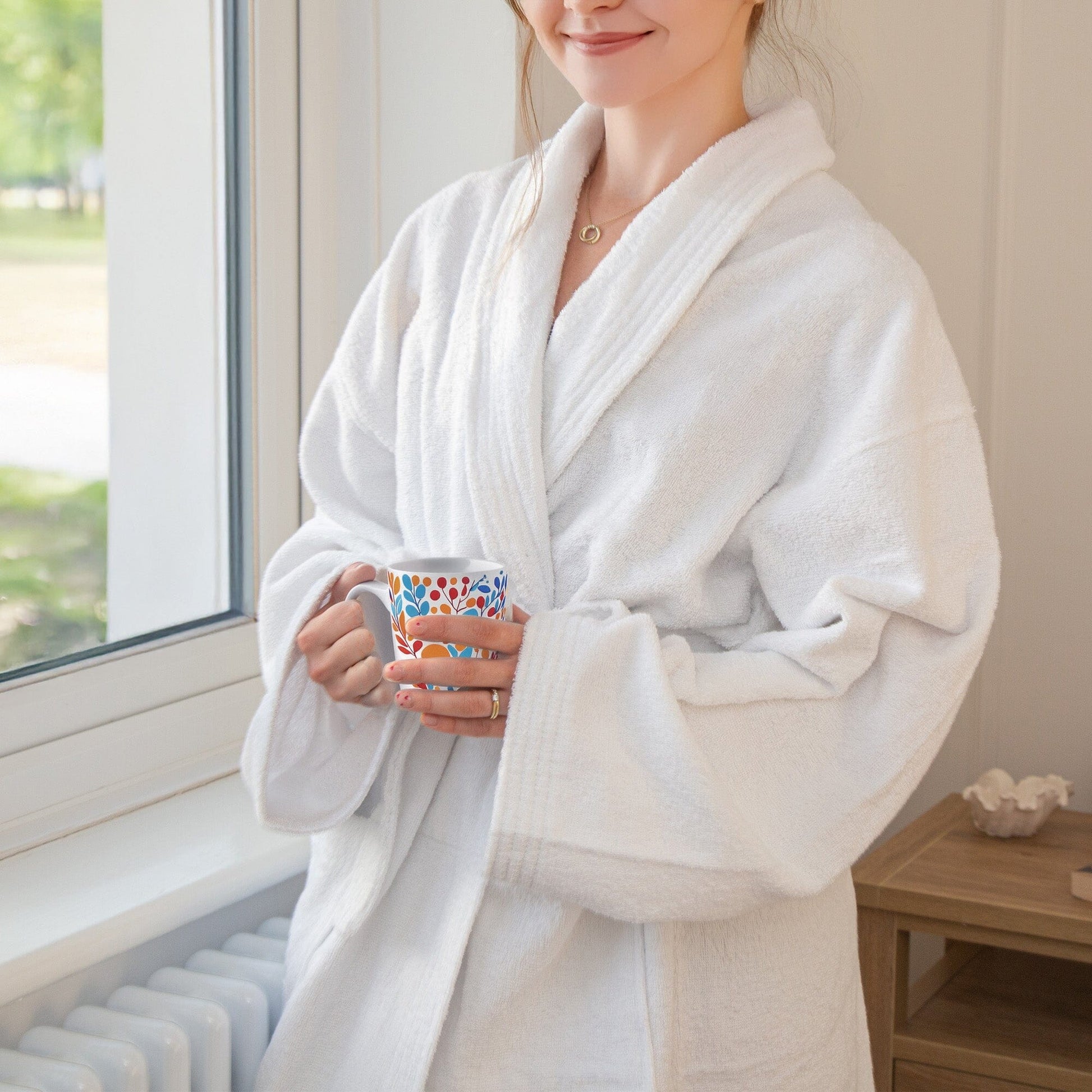 woman wearing a white cotton bathrobe