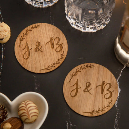 engraved couples gift, set of coasters with personalised initials