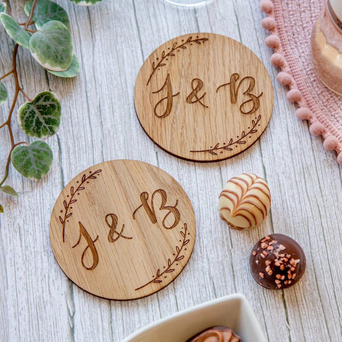 couples gift, personalised initials, veneer wooden coasters made to order