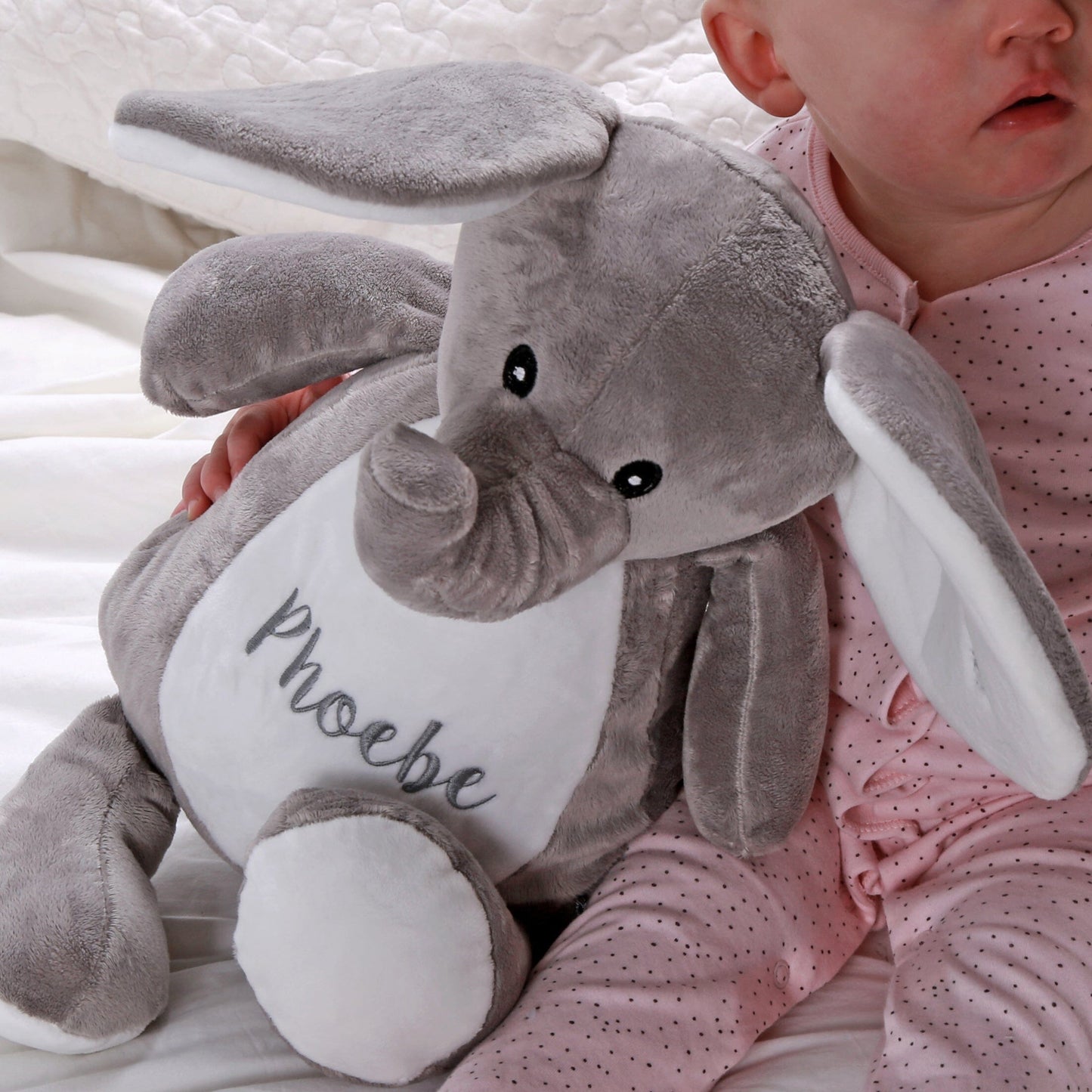 Personalised Cuddly Elephant Teddy next to a toddler  closeup