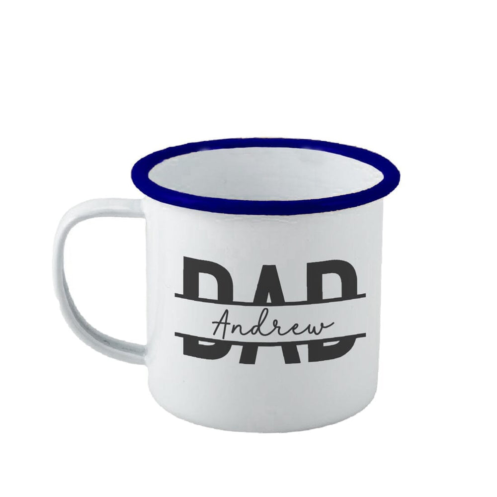 Personalised Dad Monogram Enamel Mug with blue rim on white backdrop
