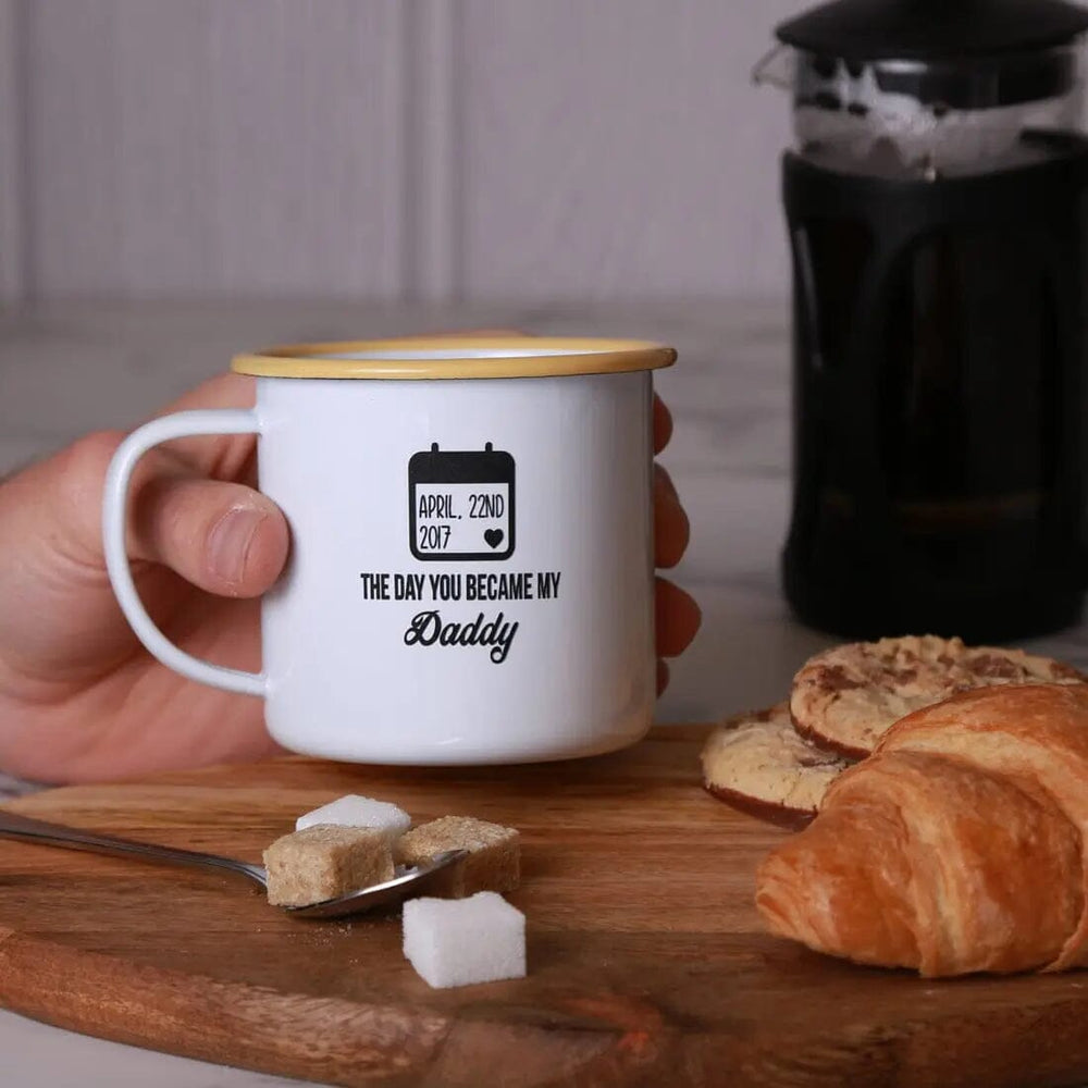 Personalised Day You Became My Daddy Enamel Mug Enamel - White with Yellow Rim  