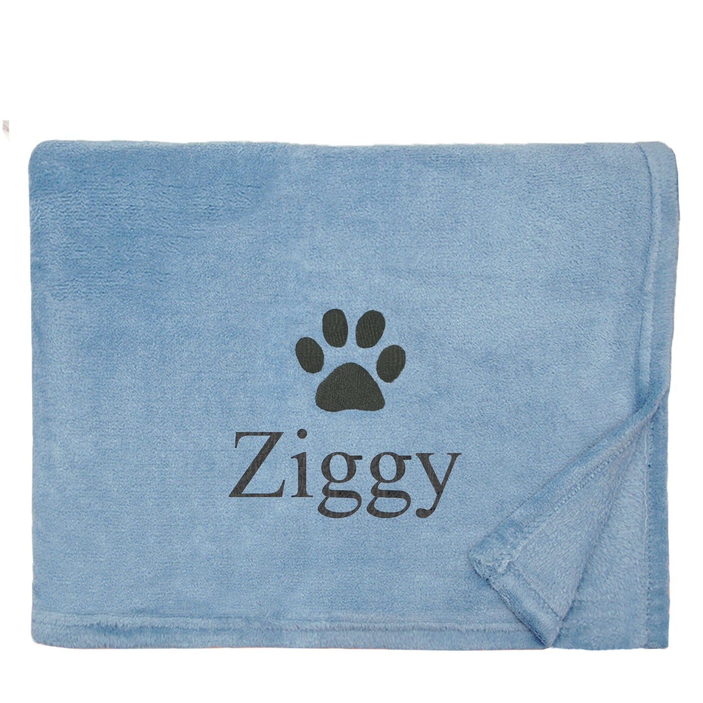 Blue Dog Throw with a pawprint design and personalisation of 'Ziggy'