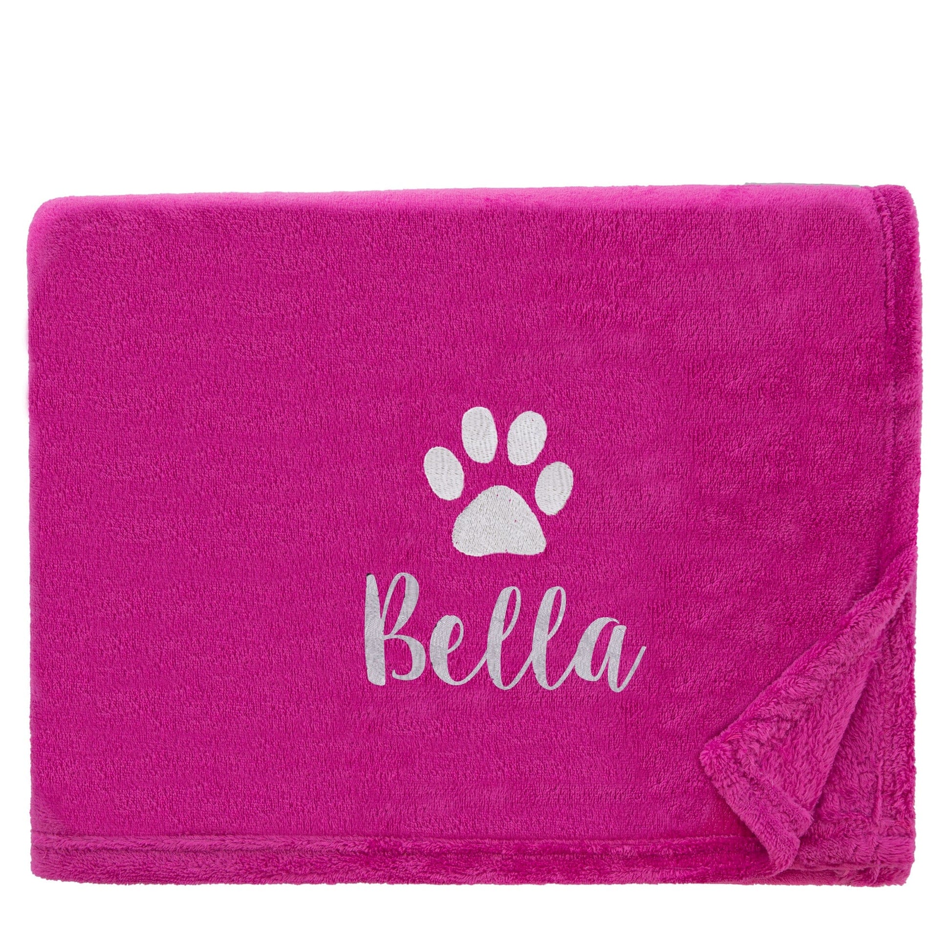 Magenta Dog Throw with a pawprint design and personalisation of 'Bella'