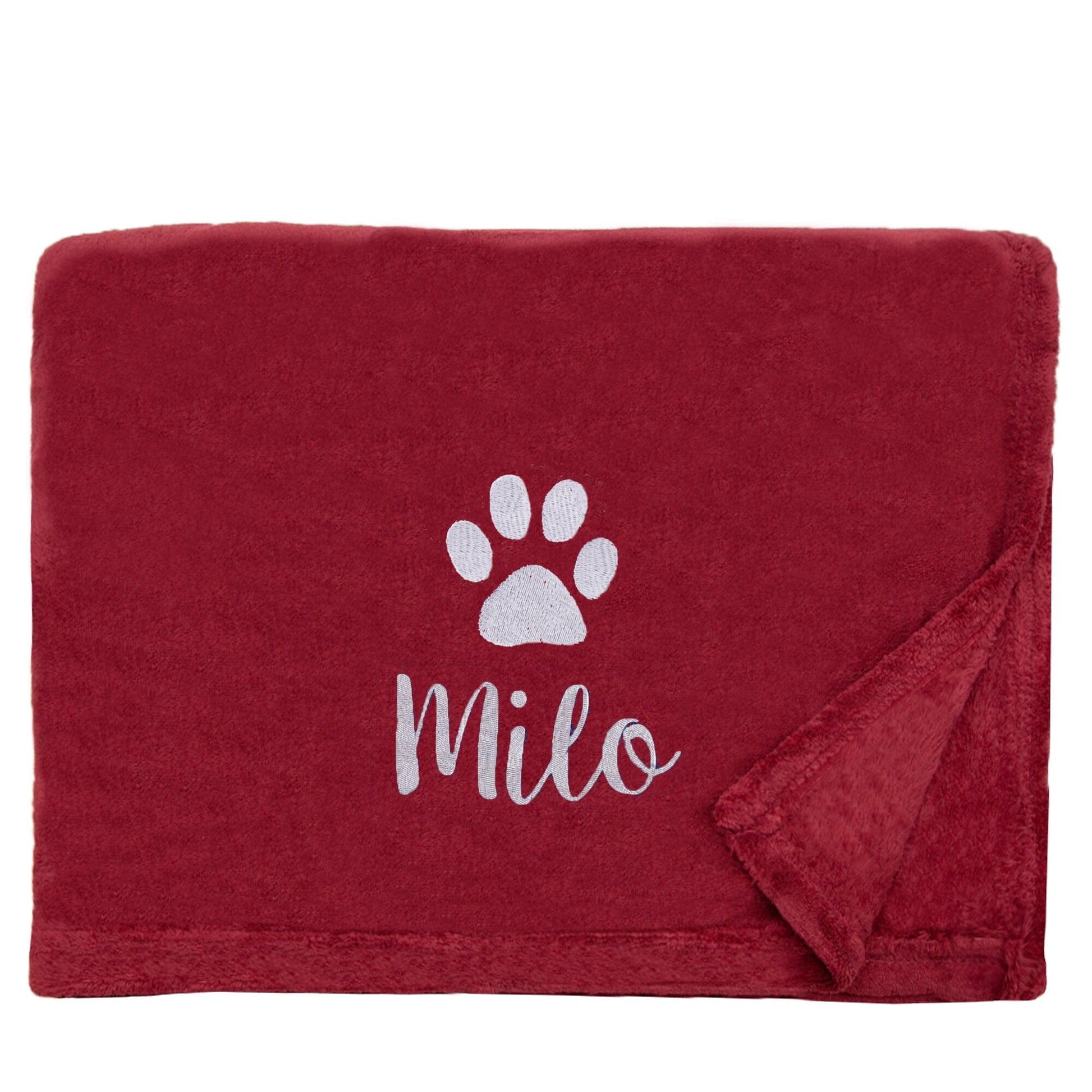 Merlot Dog Throw with a pawprint design and personalisation of 'Milo'