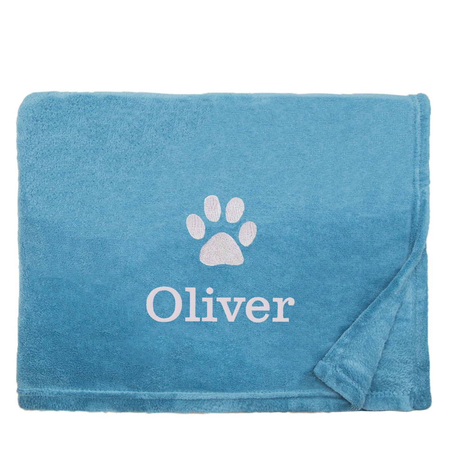 Petrol Dog Throw with a pawprint design and personalisation of 'Oli'er