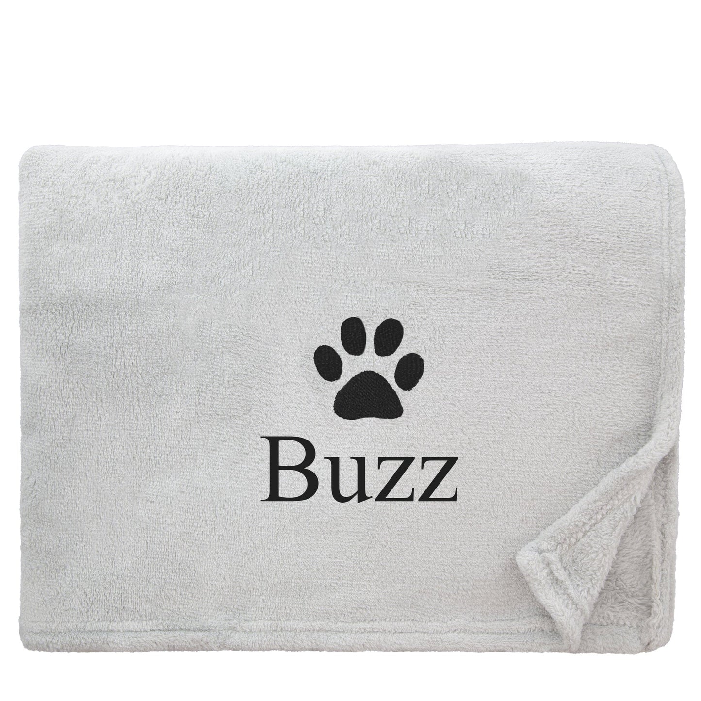 Silver Dog Throw with a pawprint design and personalisation of 'Buzz'