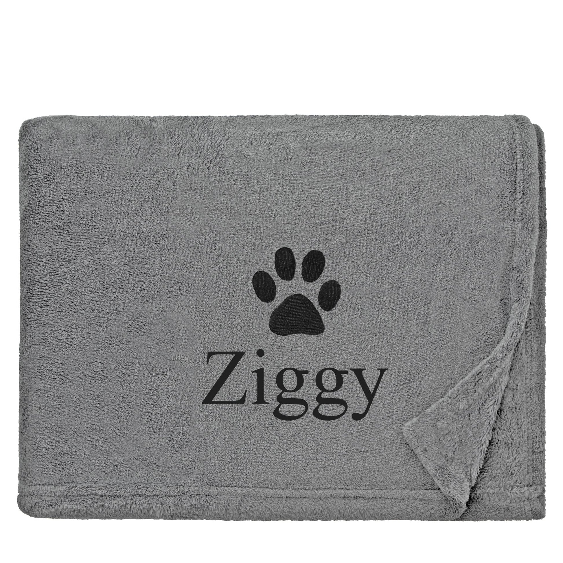 Slate Dog Throw with a pawprint design and personalisation of 'Ziggy'