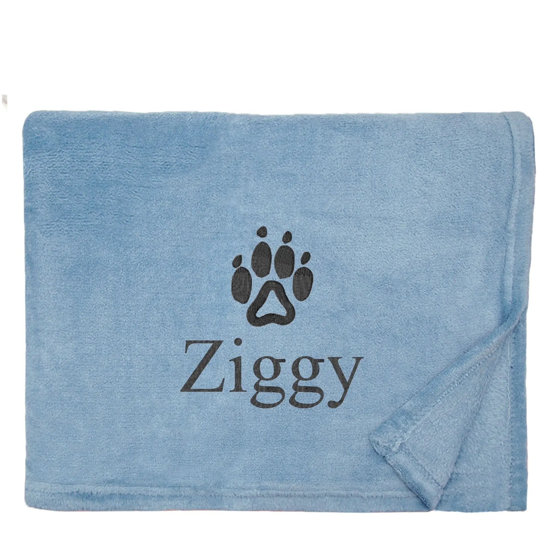Large Dog Blanket in Mid Blue Colour, personalised with the name Ziggy underneath a paw print